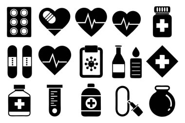 İlaç, doktor, sağlık sigortası ve tıbbi aletler de dahil olmak üzere çok yönlü bir ilaç ve sağlık ikonu seti. Sağlık uygulamaları, web siteleri ve eğitim tasarımları için mükemmel.