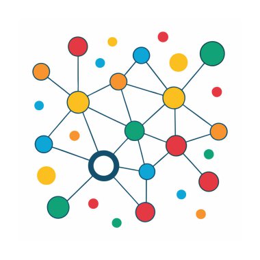 Bu soyut ağ tasarımı canlı ve geometrik desenlere bağlı renkli noktalar içerir, modern dijital projeler, teknik tasarımlar veya yaratıcı arka planlar için mükemmeldir..