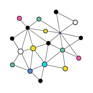 Bu soyut ağ tasarımı canlı ve geometrik desenlere bağlı renkli noktalar içerir, modern dijital projeler, teknik tasarımlar veya yaratıcı arka planlar için mükemmeldir..