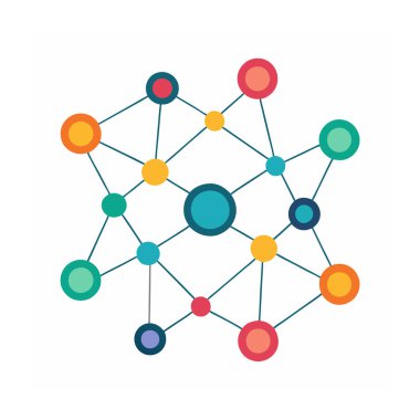 Bu soyut ağ tasarımı canlı ve geometrik desenlere bağlı renkli noktalar içerir, modern dijital projeler, teknik tasarımlar veya yaratıcı arka planlar için mükemmeldir..