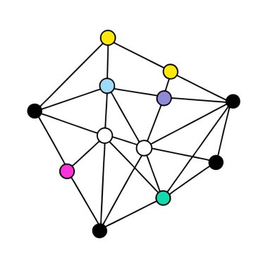Bu soyut ağ tasarımı canlı ve geometrik desenlere bağlı renkli noktalar içerir, modern dijital projeler, teknik tasarımlar veya yaratıcı arka planlar için mükemmeldir..