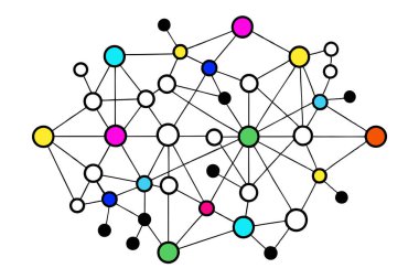 Bu soyut ağ tasarımı canlı ve geometrik desenlere bağlı renkli noktalar içerir, modern dijital projeler, teknik tasarımlar veya yaratıcı arka planlar için mükemmeldir..