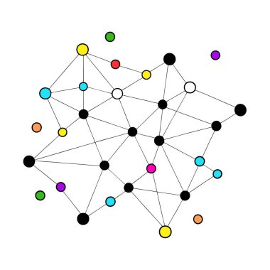 Bu soyut ağ tasarımı canlı ve geometrik desenlere bağlı renkli noktalar içerir, modern dijital projeler, teknik tasarımlar veya yaratıcı arka planlar için mükemmeldir..