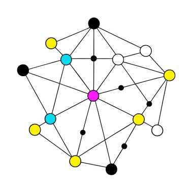 Bu soyut ağ tasarımı canlı ve geometrik desenlere bağlı renkli noktalar içerir, modern dijital projeler, teknik tasarımlar veya yaratıcı arka planlar için mükemmeldir..