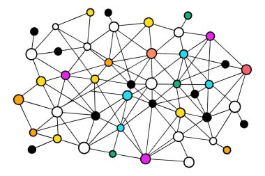 Bu soyut ağ tasarımı canlı ve geometrik desenlere bağlı renkli noktalar içerir, modern dijital projeler, teknik tasarımlar veya yaratıcı arka planlar için mükemmeldir..