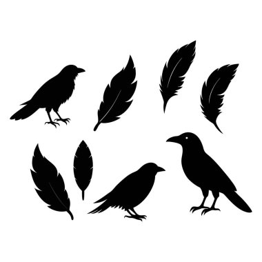 This vector set features elegant silhouettes of crows, ravens, birds, and feathers. Perfect for nature, wildlife, and gothic-themed designs, with minimalist and mysterious charm. clipart