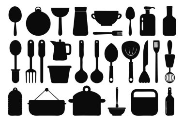 Mutfak aletleri ve mutfak aletlerinin kapsamlı bir siluet vektör koleksiyonu. Mutfak projeleri, restoran markaları ya da modern minimalist mutfak tasarımları için idealdir..