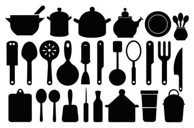 Mutfak aletleri ve mutfak aletlerinin kapsamlı bir siluet vektör koleksiyonu. Mutfak projeleri, restoran markaları ya da modern minimalist mutfak tasarımları için idealdir..