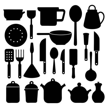 Mutfak aletleri ve mutfak aletlerinin kapsamlı bir siluet vektör koleksiyonu. Mutfak projeleri, restoran markaları ya da modern minimalist mutfak tasarımları için idealdir..