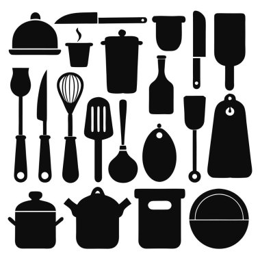 Mutfak aletleri ve mutfak aletlerinin kapsamlı bir siluet vektör koleksiyonu. Mutfak projeleri, restoran markaları ya da modern minimalist mutfak tasarımları için idealdir..