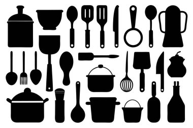 Mutfak aletleri ve mutfak aletlerinin kapsamlı bir siluet vektör koleksiyonu. Mutfak projeleri, restoran markaları ya da modern minimalist mutfak tasarımları için idealdir..