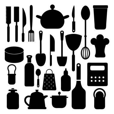 Mutfak aletleri ve mutfak aletlerinin kapsamlı bir siluet vektör koleksiyonu. Mutfak projeleri, restoran markaları ya da modern minimalist mutfak tasarımları için idealdir..