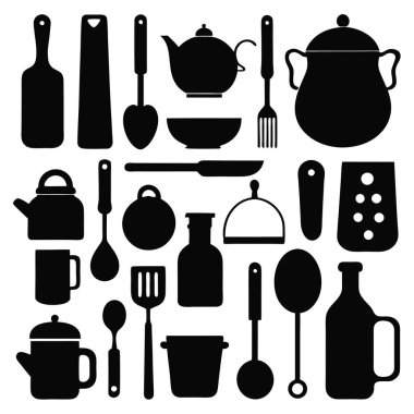 Mutfak aletleri ve mutfak aletlerinin kapsamlı bir siluet vektör koleksiyonu. Mutfak projeleri, restoran markaları ya da modern minimalist mutfak tasarımları için idealdir..