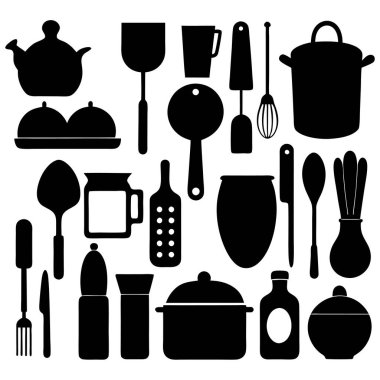 Mutfak aletleri ve mutfak aletlerinin kapsamlı bir siluet vektör koleksiyonu. Mutfak projeleri, restoran markaları ya da modern minimalist mutfak tasarımları için idealdir..