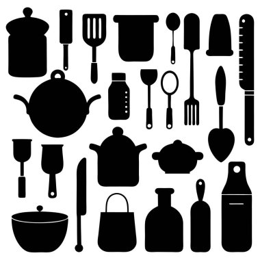 Mutfak aletleri ve mutfak aletlerinin kapsamlı bir siluet vektör koleksiyonu. Mutfak projeleri, restoran markaları ya da modern minimalist mutfak tasarımları için idealdir..