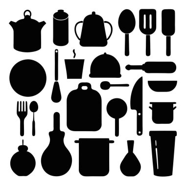 Mutfak aletleri ve mutfak aletlerinin kapsamlı bir siluet vektör koleksiyonu. Mutfak projeleri, restoran markaları ya da modern minimalist mutfak tasarımları için idealdir..