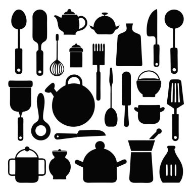 Mutfak aletleri ve mutfak aletlerinin kapsamlı bir siluet vektör koleksiyonu. Mutfak projeleri, restoran markaları ya da modern minimalist mutfak tasarımları için idealdir..