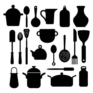 Mutfak aletleri ve mutfak aletlerinin kapsamlı bir siluet vektör koleksiyonu. Mutfak projeleri, restoran markaları ya da modern minimalist mutfak tasarımları için idealdir..