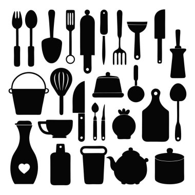 Mutfak aletleri ve mutfak aletlerinin kapsamlı bir siluet vektör koleksiyonu. Mutfak projeleri, restoran markaları ya da modern minimalist mutfak tasarımları için idealdir..