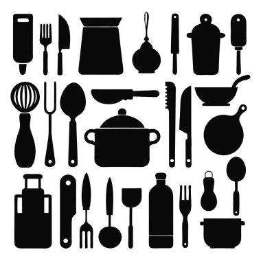 Mutfak aletleri ve mutfak aletlerinin kapsamlı bir siluet vektör koleksiyonu. Mutfak projeleri, restoran markaları ya da modern minimalist mutfak tasarımları için idealdir..