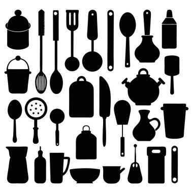 Mutfak aletleri ve mutfak aletlerinin kapsamlı bir siluet vektör koleksiyonu. Mutfak projeleri, restoran markaları ya da modern minimalist mutfak tasarımları için idealdir..