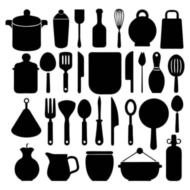 Mutfak aletleri ve mutfak aletlerinin kapsamlı bir siluet vektör koleksiyonu. Mutfak projeleri, restoran markaları ya da modern minimalist mutfak tasarımları için idealdir..