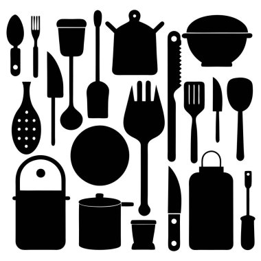 Mutfak aletleri ve mutfak aletlerinin kapsamlı bir siluet vektör koleksiyonu. Mutfak projeleri, restoran markaları ya da modern minimalist mutfak tasarımları için idealdir..