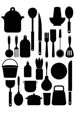 Mutfak aletleri ve mutfak aletlerinin kapsamlı bir siluet vektör koleksiyonu. Mutfak projeleri, restoran markaları ya da modern minimalist mutfak tasarımları için idealdir..