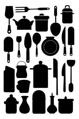 Mutfak aletleri ve mutfak aletlerinin kapsamlı bir siluet vektör koleksiyonu. Mutfak projeleri, restoran markaları ya da modern minimalist mutfak tasarımları için idealdir..