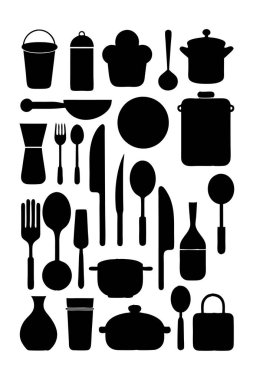 Mutfak aletleri ve mutfak aletlerinin kapsamlı bir siluet vektör koleksiyonu. Mutfak projeleri, restoran markaları ya da modern minimalist mutfak tasarımları için idealdir..