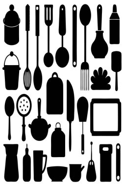 Mutfak aletleri ve mutfak aletlerinin kapsamlı bir siluet vektör koleksiyonu. Mutfak projeleri, restoran markaları ya da modern minimalist mutfak tasarımları için idealdir..