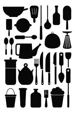 Mutfak aletleri ve mutfak aletlerinin kapsamlı bir siluet vektör koleksiyonu. Mutfak projeleri, restoran markaları ya da modern minimalist mutfak tasarımları için idealdir..