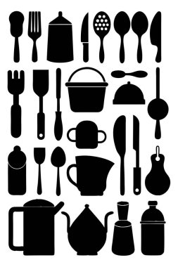 Mutfak aletleri ve mutfak aletlerinin kapsamlı bir siluet vektör koleksiyonu. Mutfak projeleri, restoran markaları ya da modern minimalist mutfak tasarımları için idealdir..