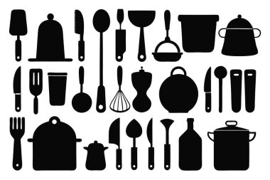 Mutfak aletleri ve mutfak aletlerinin kapsamlı bir siluet vektör koleksiyonu. Mutfak projeleri, restoran markaları ya da modern minimalist mutfak tasarımları için idealdir..