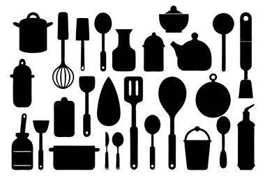 Mutfak aletleri ve mutfak aletlerinin kapsamlı bir siluet vektör koleksiyonu. Mutfak projeleri, restoran markaları ya da modern minimalist mutfak tasarımları için idealdir..