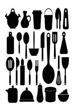 Mutfak aletleri ve mutfak aletlerinin kapsamlı bir siluet vektör koleksiyonu. Mutfak projeleri, restoran markaları ya da modern minimalist mutfak tasarımları için idealdir..