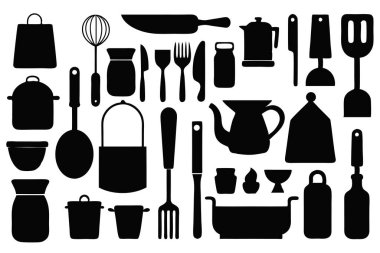 Mutfak aletleri ve mutfak aletlerinin kapsamlı bir siluet vektör koleksiyonu. Mutfak projeleri, restoran markaları ya da modern minimalist mutfak tasarımları için idealdir..