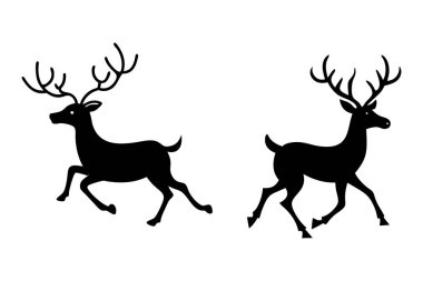Zarif çalışan geyik siluetleri vektör seti, tatil kartları, vahşi yaşam temalı tasarımlar ve dekorasyonlar için mükemmel. Noel, mevsimlik projeler ve doğadan esinlenilmiş çizimler için ideal..