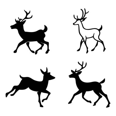 Zarif çalışan geyik siluetleri vektör seti, tatil kartları, vahşi yaşam temalı tasarımlar ve dekorasyonlar için mükemmel. Noel, mevsimlik projeler ve doğadan esinlenilmiş çizimler için ideal..
