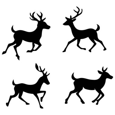 Zarif çalışan geyik siluetleri vektör seti, tatil kartları, vahşi yaşam temalı tasarımlar ve dekorasyonlar için mükemmel. Noel, mevsimlik projeler ve doğadan esinlenilmiş çizimler için ideal..