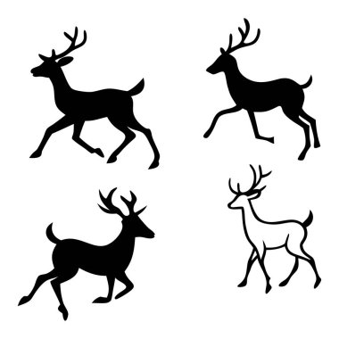 Zarif çalışan geyik siluetleri vektör seti, tatil kartları, vahşi yaşam temalı tasarımlar ve dekorasyonlar için mükemmel. Noel, mevsimlik projeler ve doğadan esinlenilmiş çizimler için ideal..