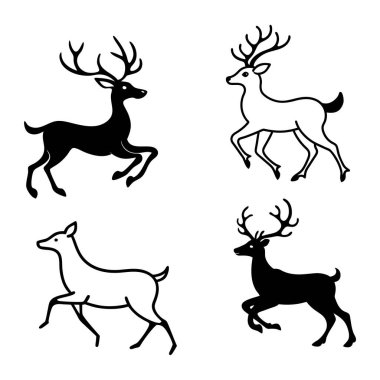 Zarif çalışan geyik siluetleri vektör seti, tatil kartları, vahşi yaşam temalı tasarımlar ve dekorasyonlar için mükemmel. Noel, mevsimlik projeler ve doğadan esinlenilmiş çizimler için ideal..