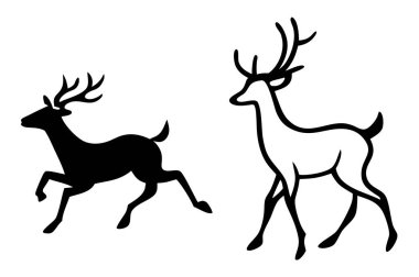 Zarif çalışan geyik siluetleri vektör seti, tatil kartları, vahşi yaşam temalı tasarımlar ve dekorasyonlar için mükemmel. Noel, mevsimlik projeler ve doğadan esinlenilmiş çizimler için ideal..