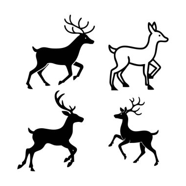 Zarif çalışan geyik siluetleri vektör seti, tatil kartları, vahşi yaşam temalı tasarımlar ve dekorasyonlar için mükemmel. Noel, mevsimlik projeler ve doğadan esinlenilmiş çizimler için ideal..
