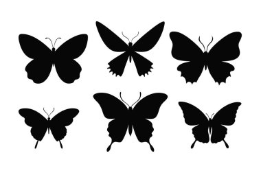 A beautiful set of butterfly silhouette vectors in black on white. Perfect for nature-themed designs, art projects, or decorative elements with an elegant and delicate look. clipart