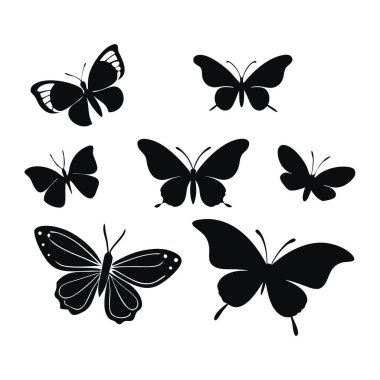 Beyaz üzerine siyah renkli kelebek siluet vektörleri. Doğa temalı tasarımlar, sanat projeleri ya da zarif ve zarif görünümlü dekoratif unsurlar için mükemmel..