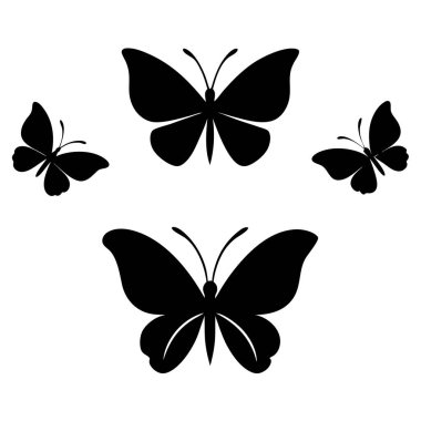 Beyaz üzerine siyah renkli kelebek siluet vektörleri. Doğa temalı tasarımlar, sanat projeleri ya da zarif ve zarif görünümlü dekoratif unsurlar için mükemmel..