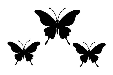 Beyaz üzerine siyah renkli kelebek siluet vektörleri. Doğa temalı tasarımlar, sanat projeleri ya da zarif ve zarif görünümlü dekoratif unsurlar için mükemmel..