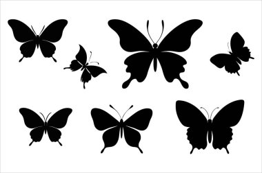 A beautiful set of butterfly silhouette vectors in black on white. Perfect for nature-themed designs, art projects, or decorative elements with an elegant and delicate look. clipart