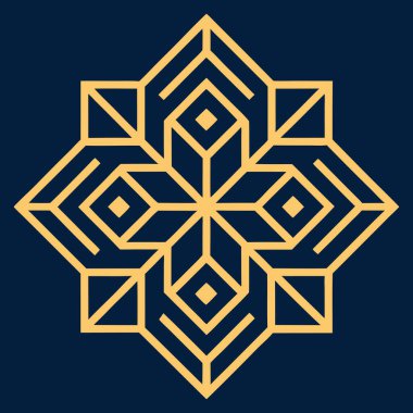 Kare ve eşkenar dörtgen şeklinde karmaşık filigran çizgileri içeren zarif bir geometrik Art Deco logosu. Lüks markalaşma için idealdir, bu süs simgesi koyu bir arka planda göze çarpar.